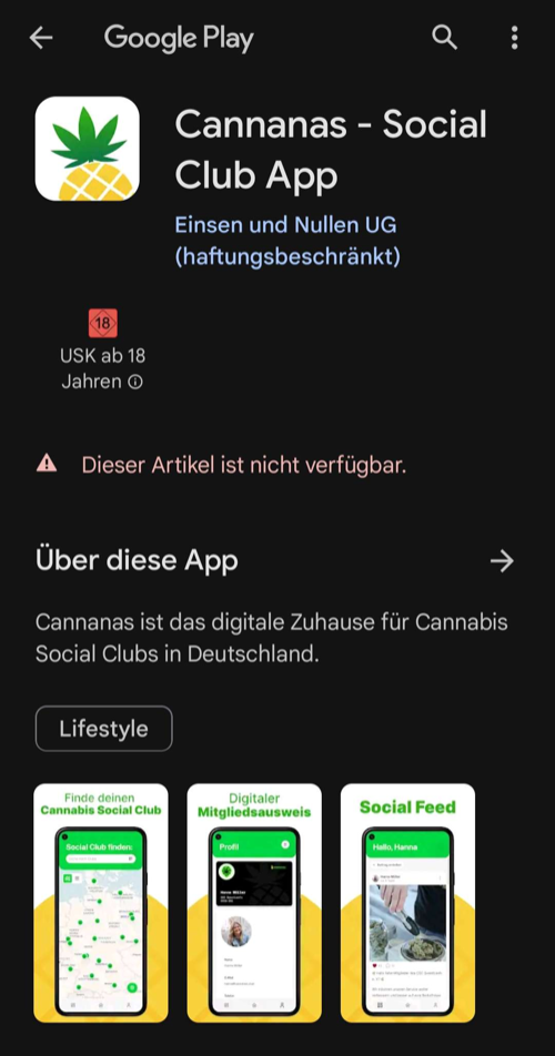 Cannanas Google Play Artikel nicht verfügbar