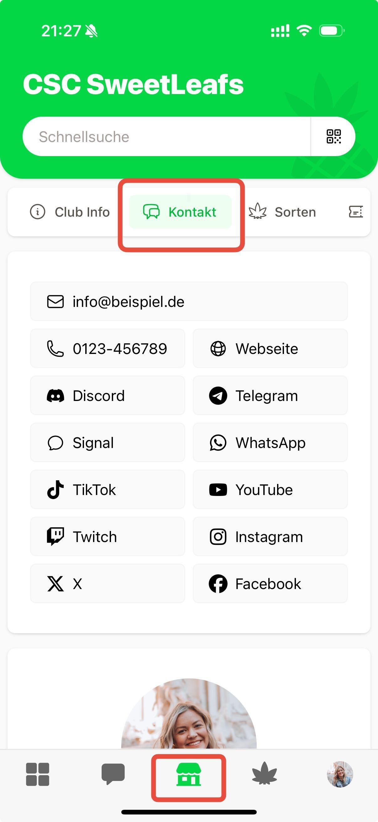 Ansicht 'Mein Club / Kontakt' in der App